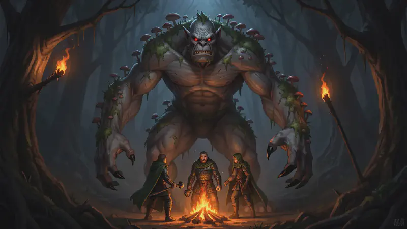 At the edge of torchlight in a night forest, a hulking humanoid some fifteen feet tall stands staring with red beady eyes, moss and mushrooms growing along its lean skin and back, while three small travellers hold their ground below.