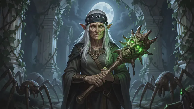 An old elven hermit woman with white hair and long spider-jointed fingers stands among ivy-choked white marble ruins by moonlight, an eight-eyed spider bandana bound across her brow, cradling a wooden mace carved with a Green Man&rsquo;s face; giant spiders crouch in the shadows around her.