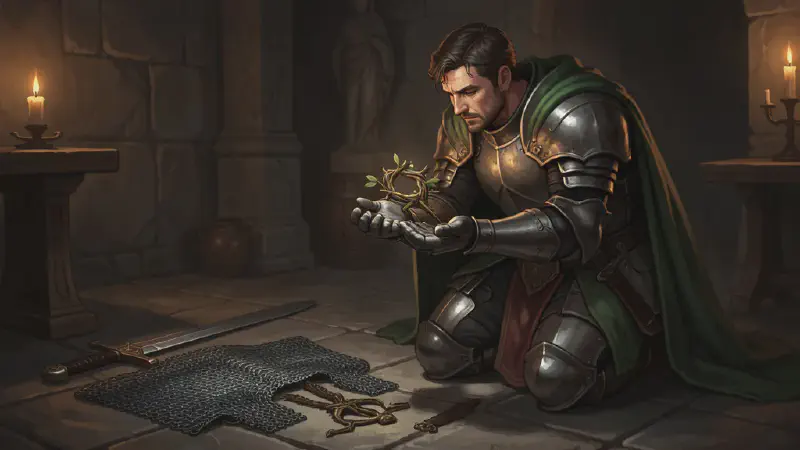 Bancroft kneeling over Irulan’s holy symbol of bound yew, her mail and sword laid out on the stone
